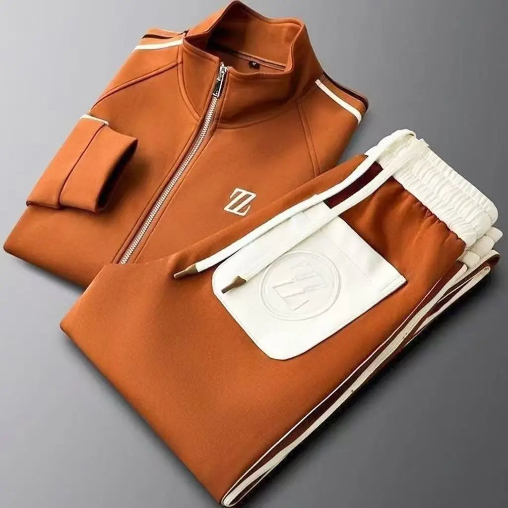 Men's Spring Solid Vertical Collar Casual Sports Suit Trendy Fashion Sportswear Long Sleeve Straight Pants Two-piece Set 100%