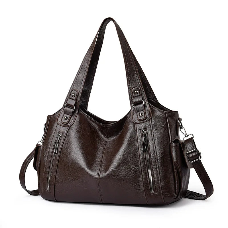 Cowhide Leather Women Crossbody PU Black Shoulder Bag European American Style Fashionable Large Capacity PU Zipper Handle Bags