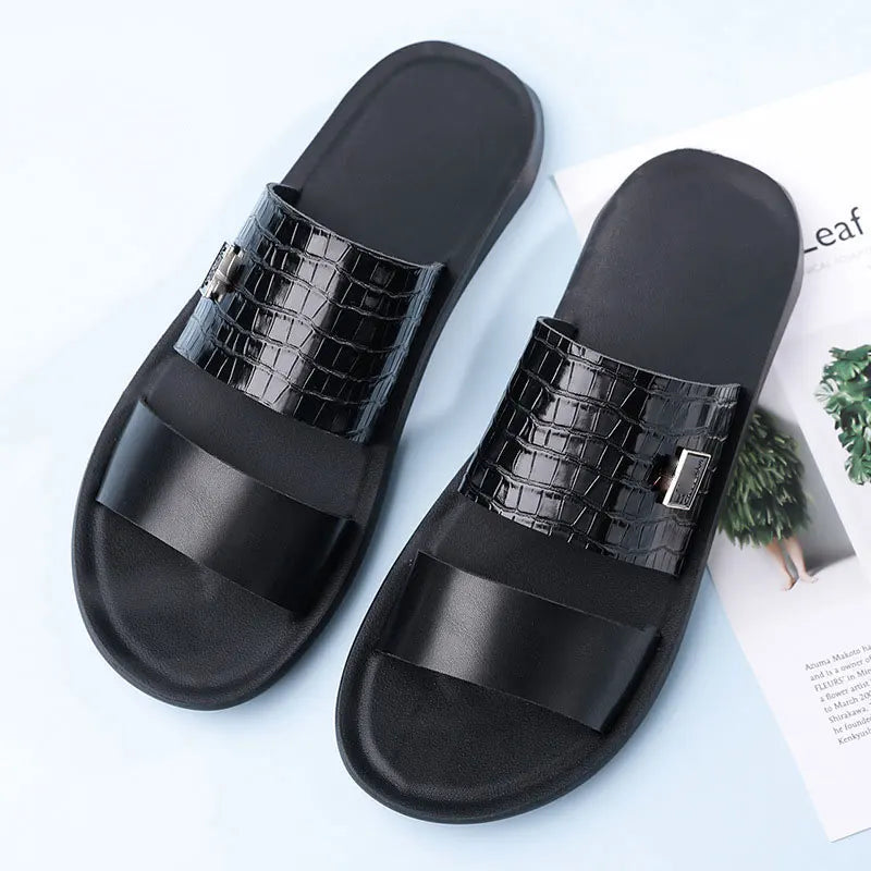Men's Large Size Casual Summer Sandals Comfortable Open-Toe Outdoor Slippers Embroidery PU Upper Breathable