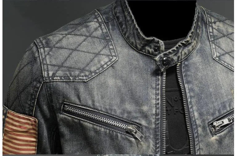 Vintage Denim Jacket With Zip Stand up Cotton Slim Fit Denim Coat Jeans Long Sleeve Loose Pocket Zipper Top Jacket Men