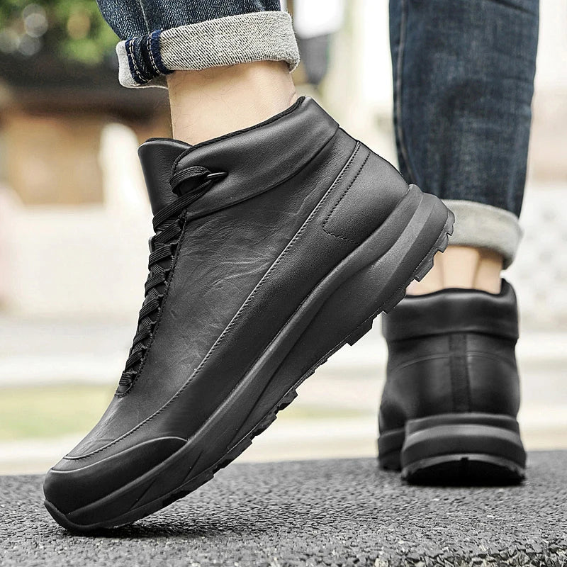 Factory Supply Custom LOGO Service Hand Made Soft-Sole Middle Top Men's Pure Cow Genuine Leather Casual Boot Sneaker Shoes
