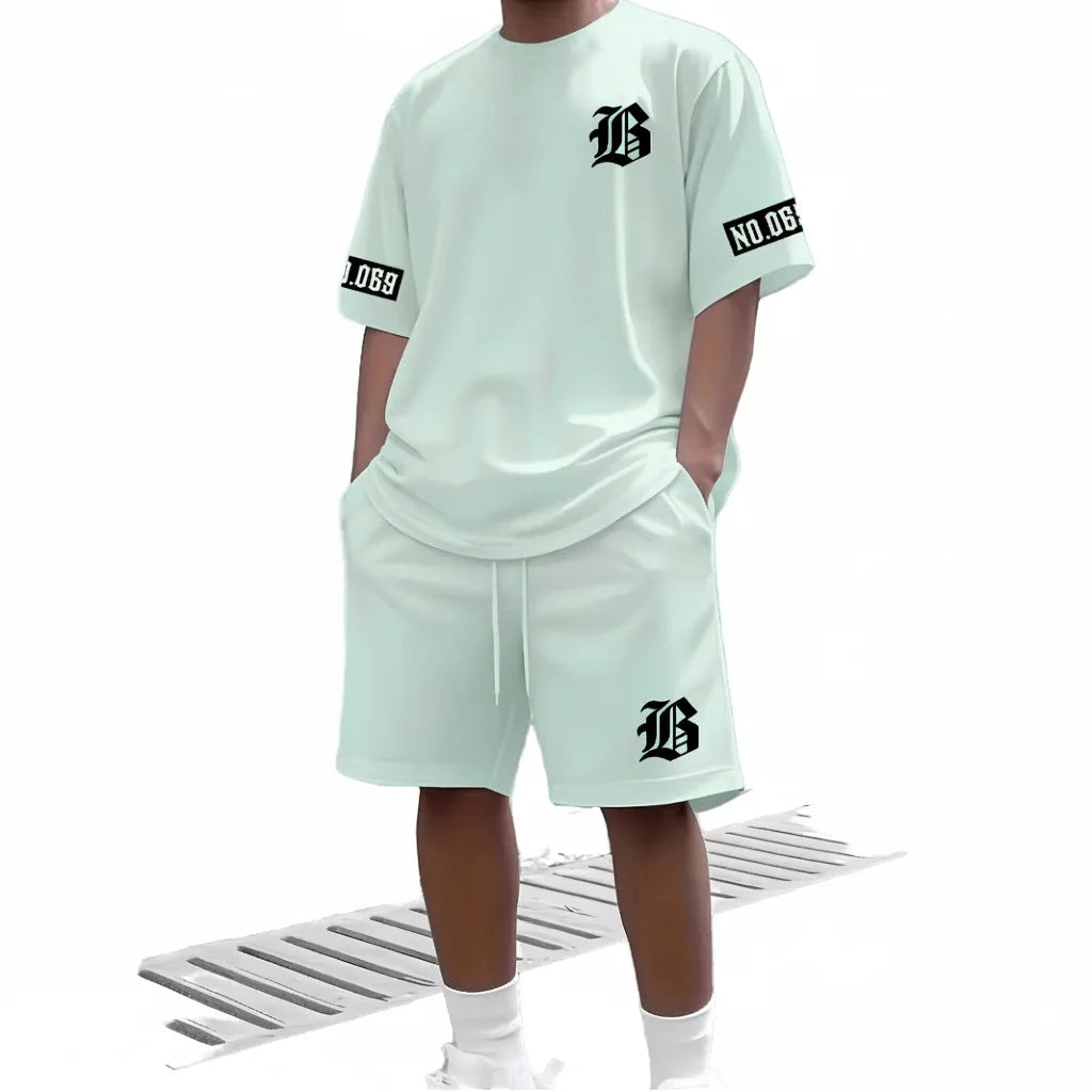 oem Custom Mens Summer Casual 2-piece T-shirt Set || Breathable 100% Polyester Digital Print Streetwear || Private Label