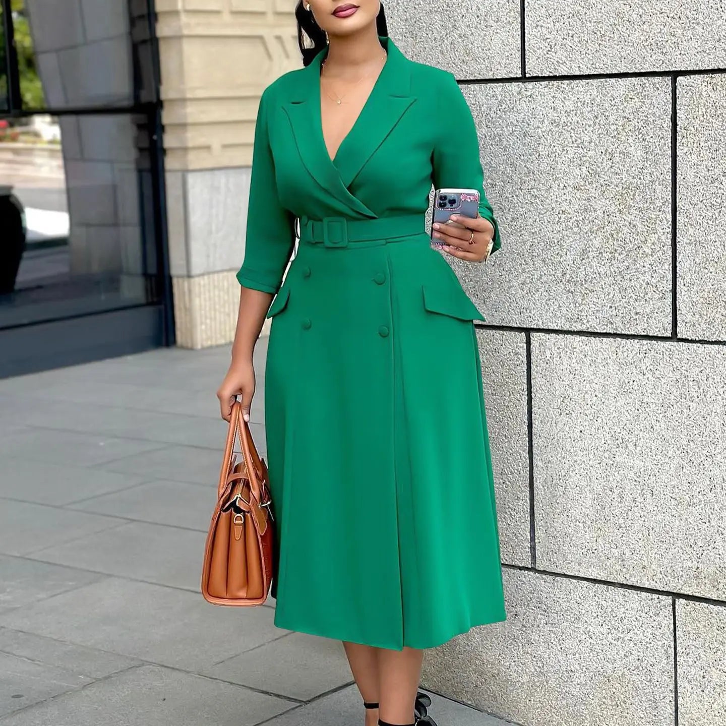 A0065 Fashion Women V-neck Solid Color Spandex Chiffon Bodycon Formal Shirt Dress Half Sleeve Office Africa Dress