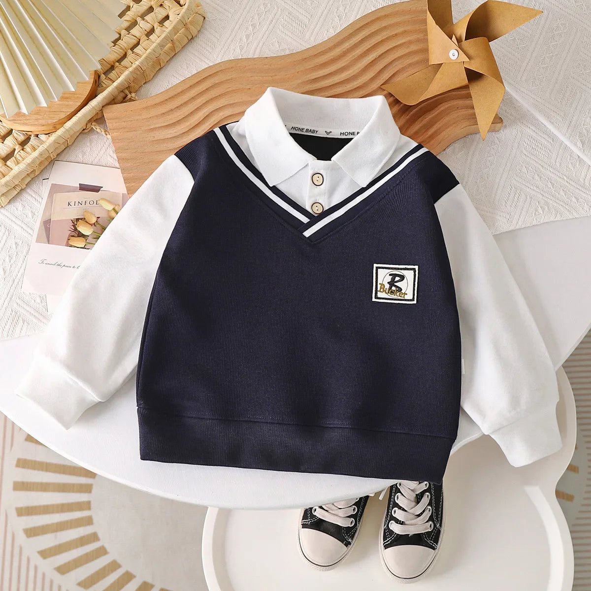 New 2024 Autumn Fashion Baby Boys Lapel Long Sleeve Fake two-piece Polo Shirt Kids Casual Sweatshrit Tops Clothing