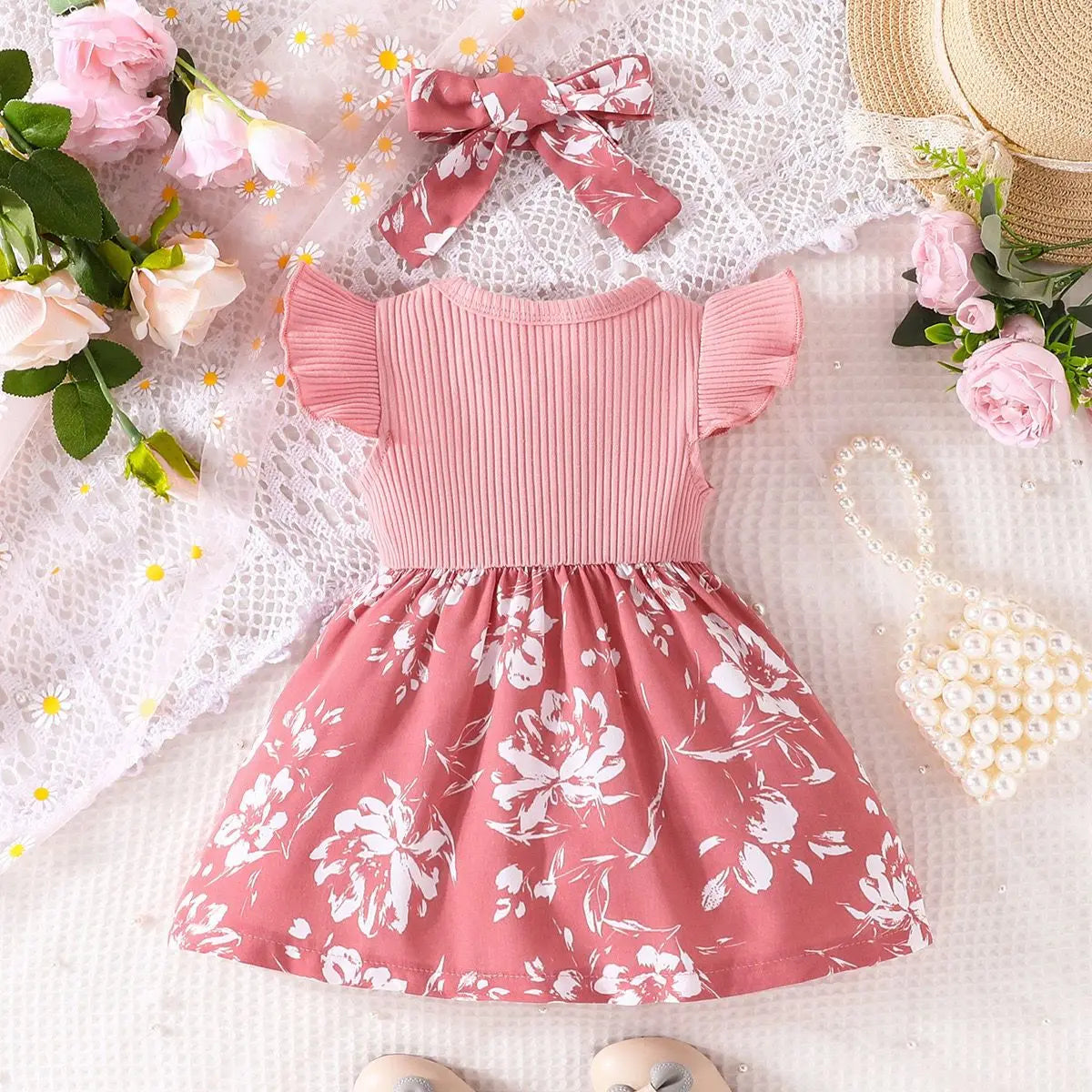 Little Girl 2-Piece Cotton Breathable Princess Dress Baby Set 0-2 Years Old Summer Sweet Bow Fly Sleeve