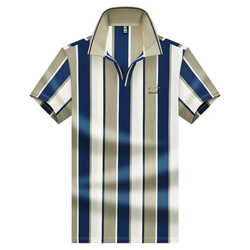 Summer Striped Short-sleeved Top with V-neck, Embroidered, Business Casual Men's Loose T-shirt, Office Shirt, Polo Shirt