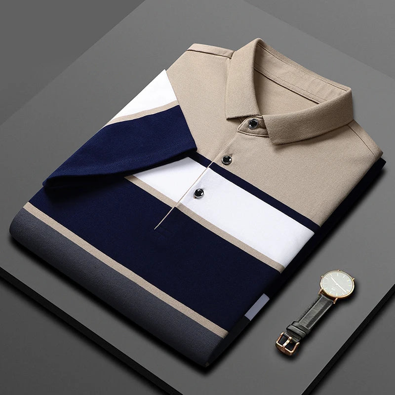 ANSZKTN Summer New High-quality Men's Striped Short Sleeve T-shirt Cotton Thin Style Business Lapel Polo Shirt