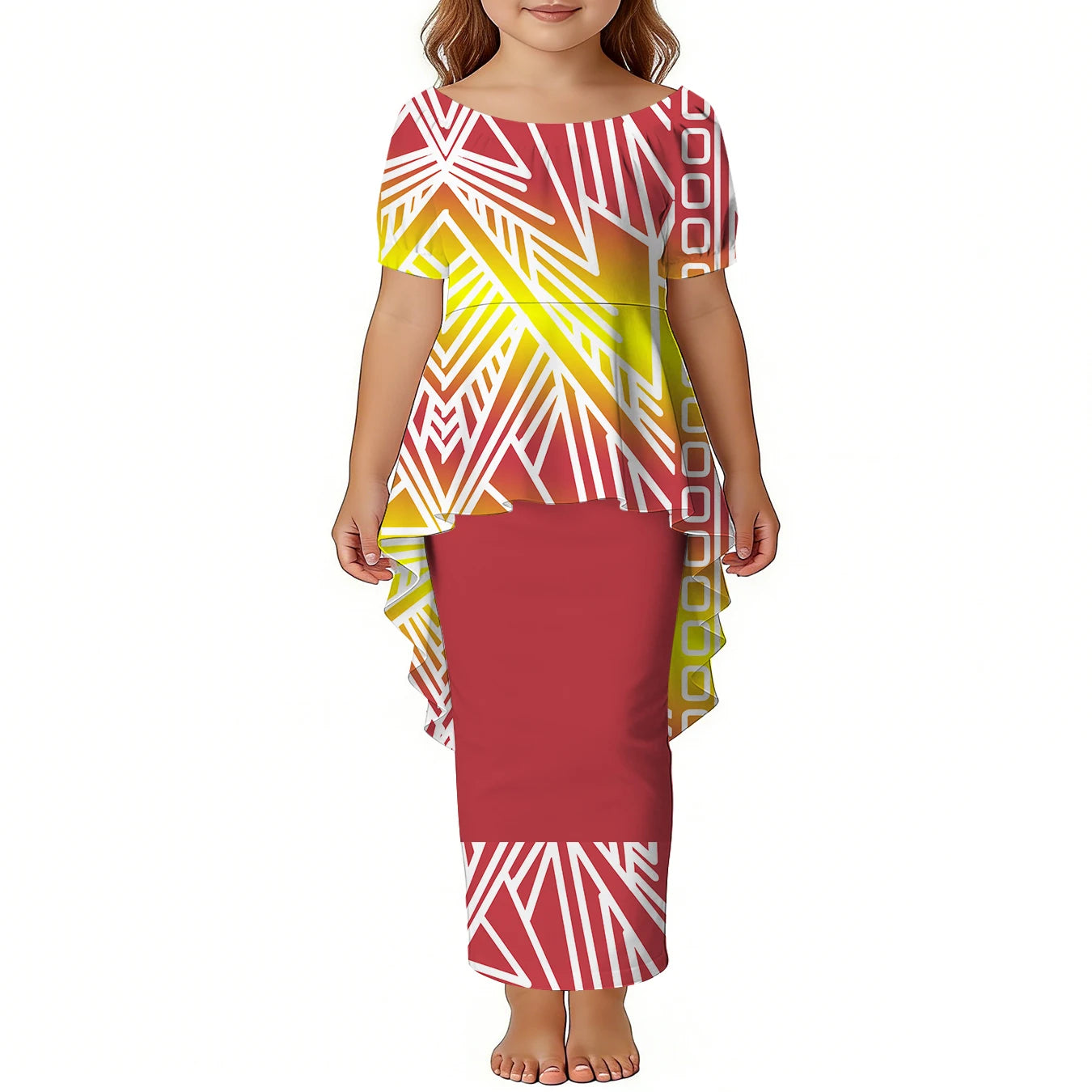 Custom Girls Puletasi Set Dress Top and Skirts Pacific Island Design Plus Size Kids Dress Short Sleeve Toddler Clothes Two Piece