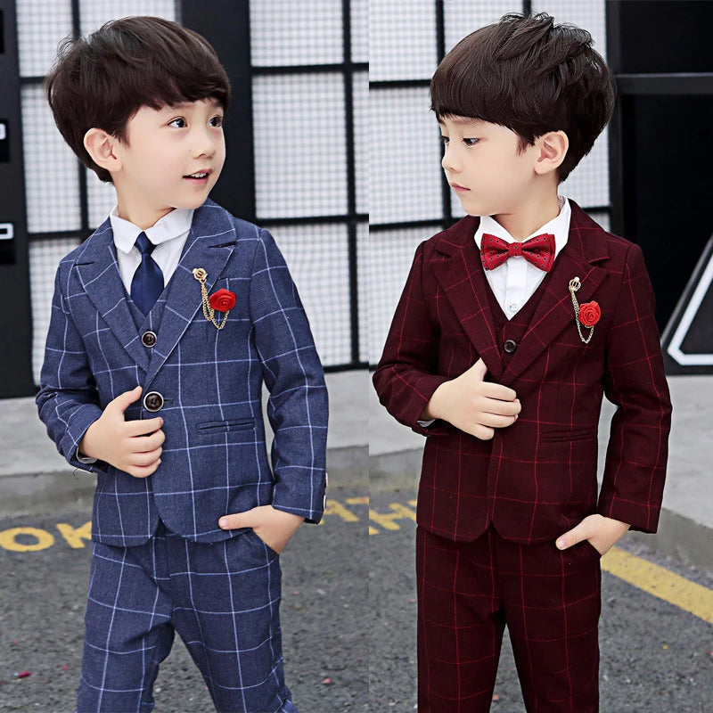 High Quality Boys Plaid Wedding Suit Kids Tuxedos Formal Dress Child Morning Coat Blazer Clothes Sets Toddler Gentlemen Costumes