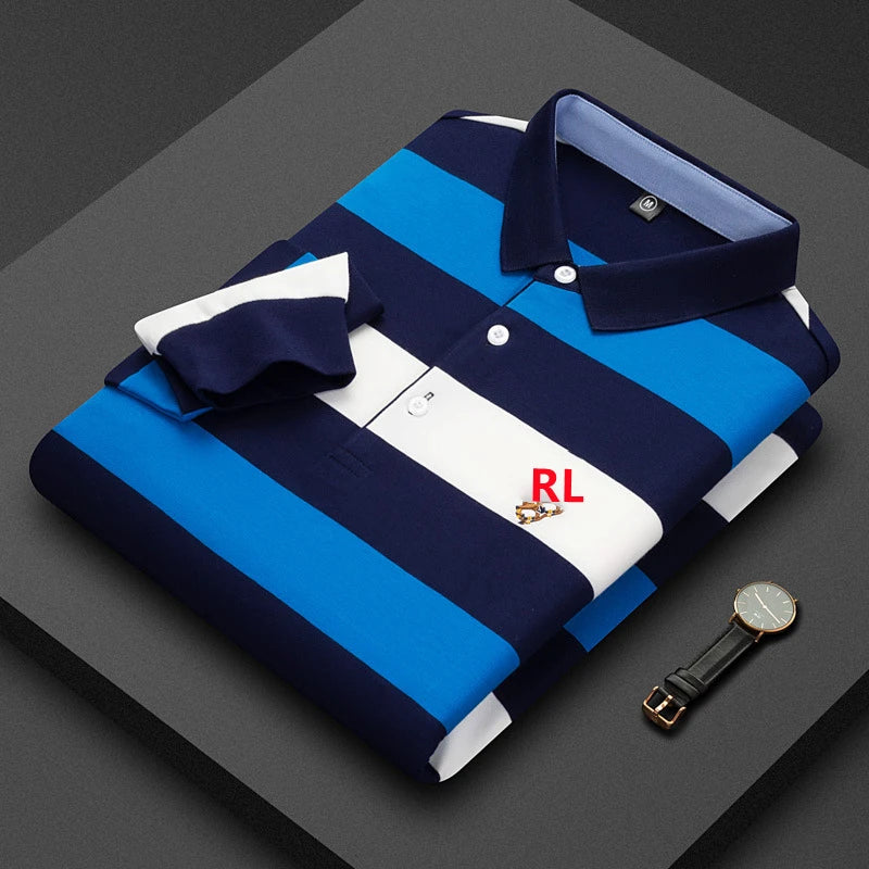 High Quality 100% Cotton Men's Long Sleeve Striped Polo Shirt with RL Embroidery Business Casual Polo Tops#RL