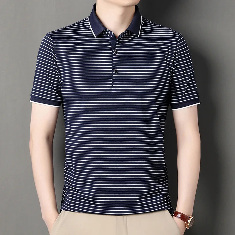 High-end Fashion Casual Business Seamless Striped Summer Cool Lapel Short Sleeve Men's T-shirt
