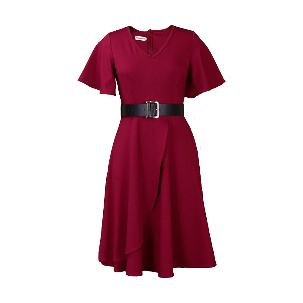 Women clothes Popular Plus Size Women's Spring Summer Flare Short Sleeve Natural Waist High Waist Belted Office Knee-Length Casual ODM Dress