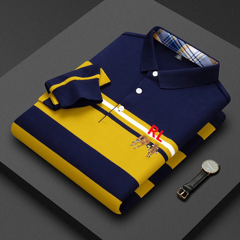 High Quality 100% Cotton Men's Long Sleeve Striped Polo Shirt with RL Embroidery Business Casual Polo Tops#RL