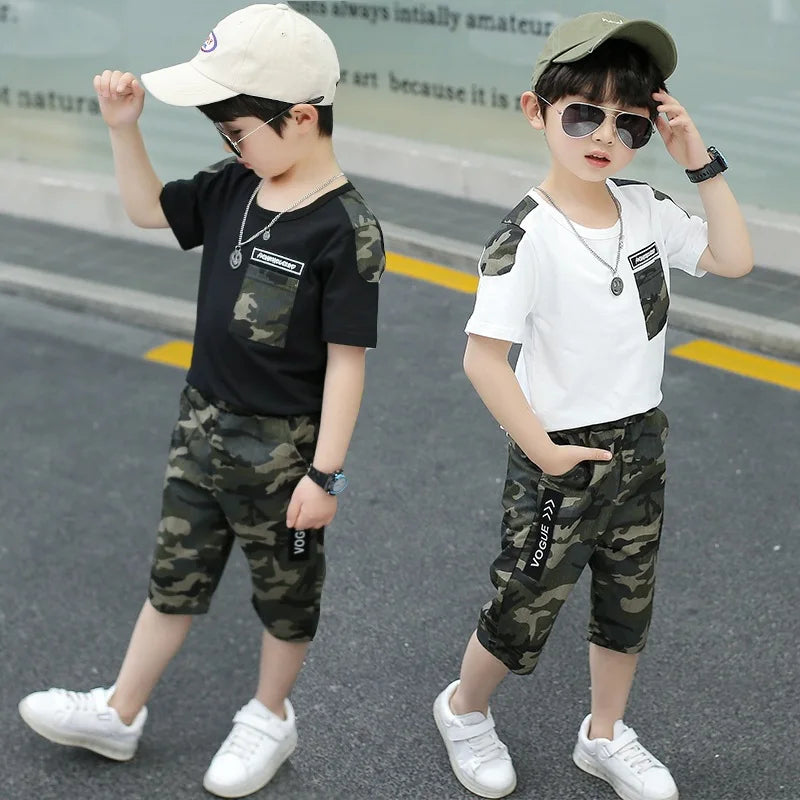 Hot Selling Kid Sets 3 to 12 Years Old Clothing Camouflage Printed Casual Wear School Big Boys Clothes Summer