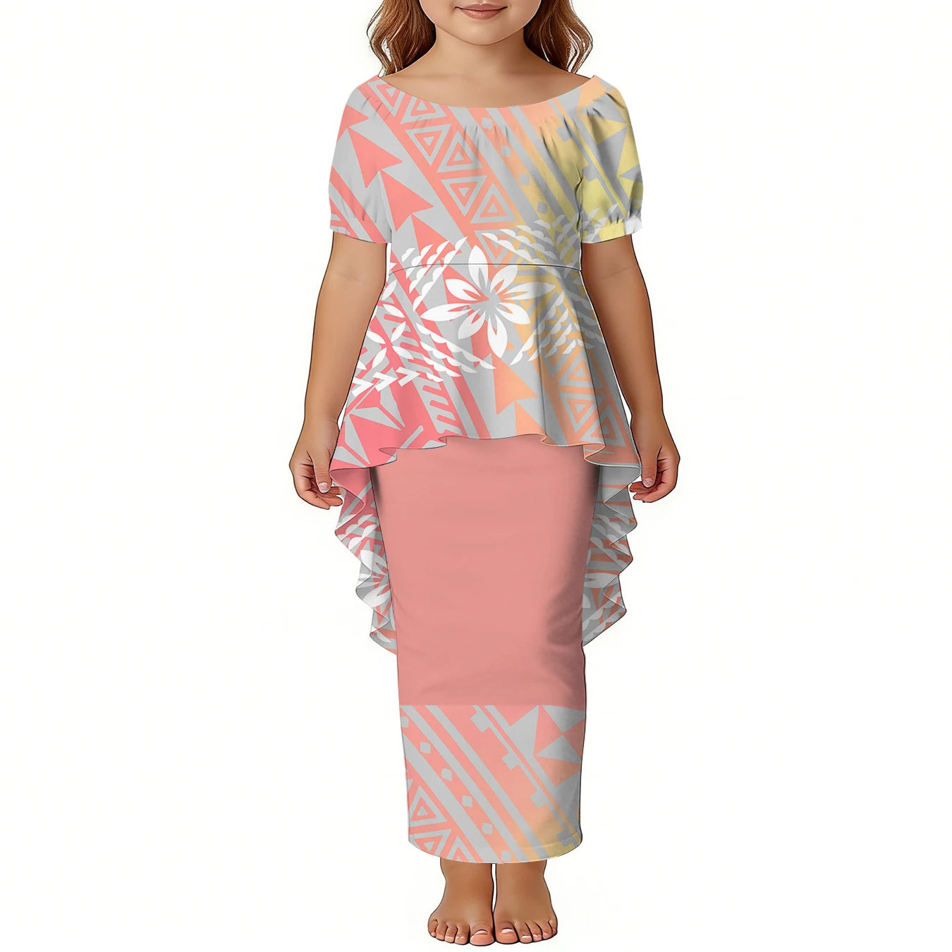 Custom Girls Puletasi Set Dress Top and Skirts Pacific Island Design Plus Size Kids Dress Short Sleeve Toddler Clothes Two Piece