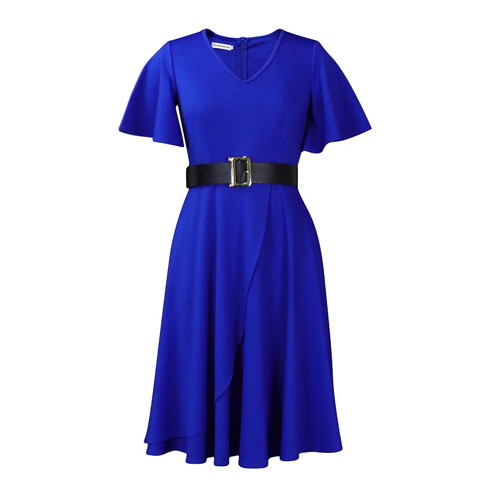 Women clothes Popular Plus Size Women's Spring Summer Flare Short Sleeve Natural Waist High Waist Belted Office Knee-Length Casual ODM Dress