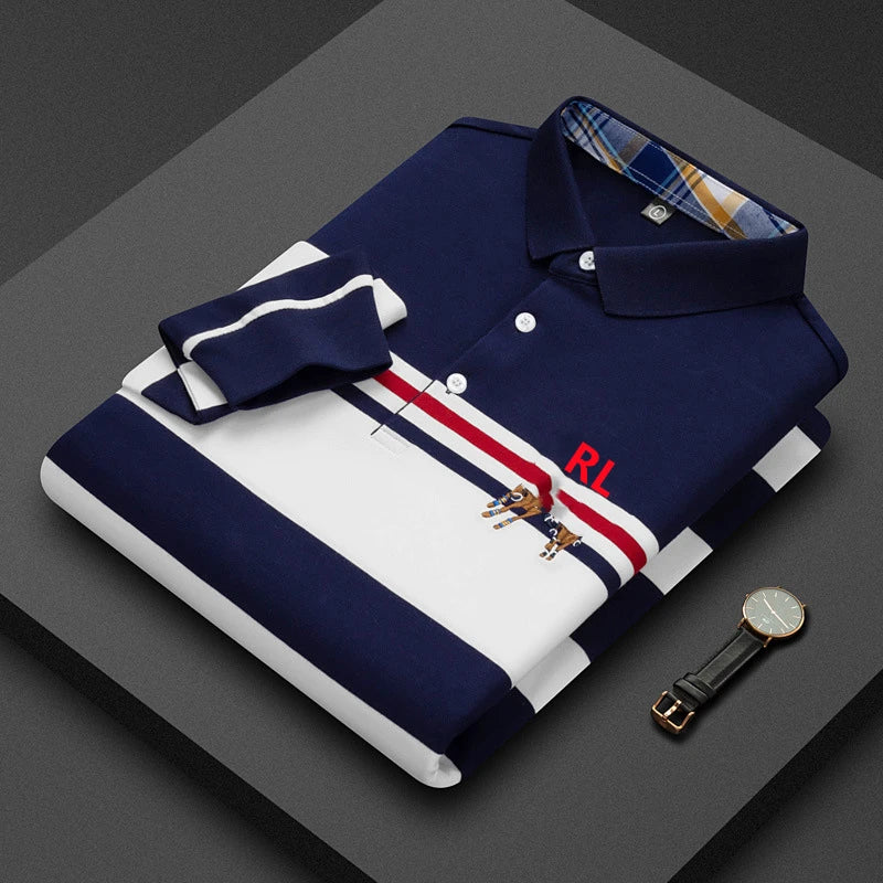 High Quality 100% Cotton Men's Long Sleeve Striped Polo Shirt with RL Embroidery Business Casual Polo Tops#RL