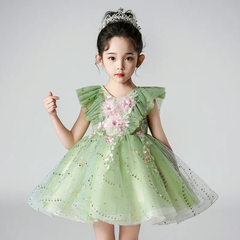 Little Girls Green Dresses for Girls Costume Kids Fairy Cosplay Flower Baby Princess Clothes Christmas Party Outfit