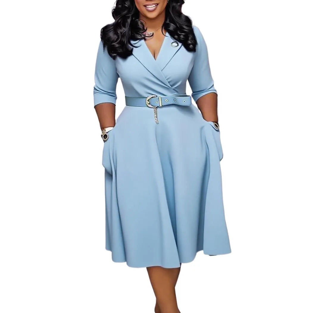 D3341 Trendy Career Dresses Women Casual Elegant Half Sleeve Suit V Collar Office Dresses Women Formal Work African Dresses