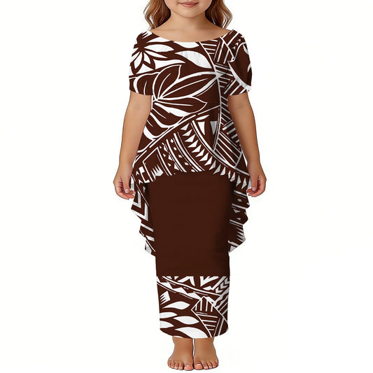 Custom Girls Puletasi Set Dress Top and Skirts Pacific Island Design Plus Size Kids Dress Short Sleeve Toddler Clothes Two Piece