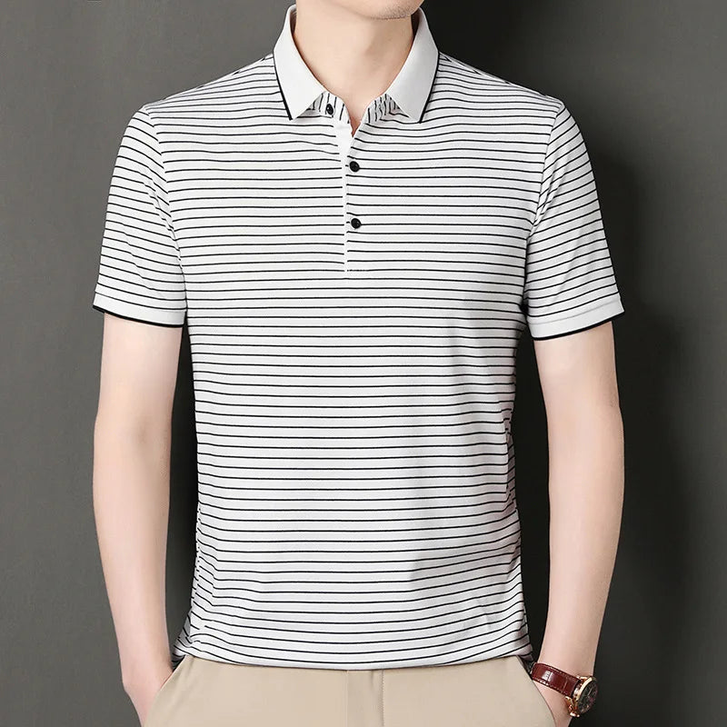 High-end Fashion Casual Business Seamless Striped Summer Cool Lapel Short Sleeve Men's T-shirt