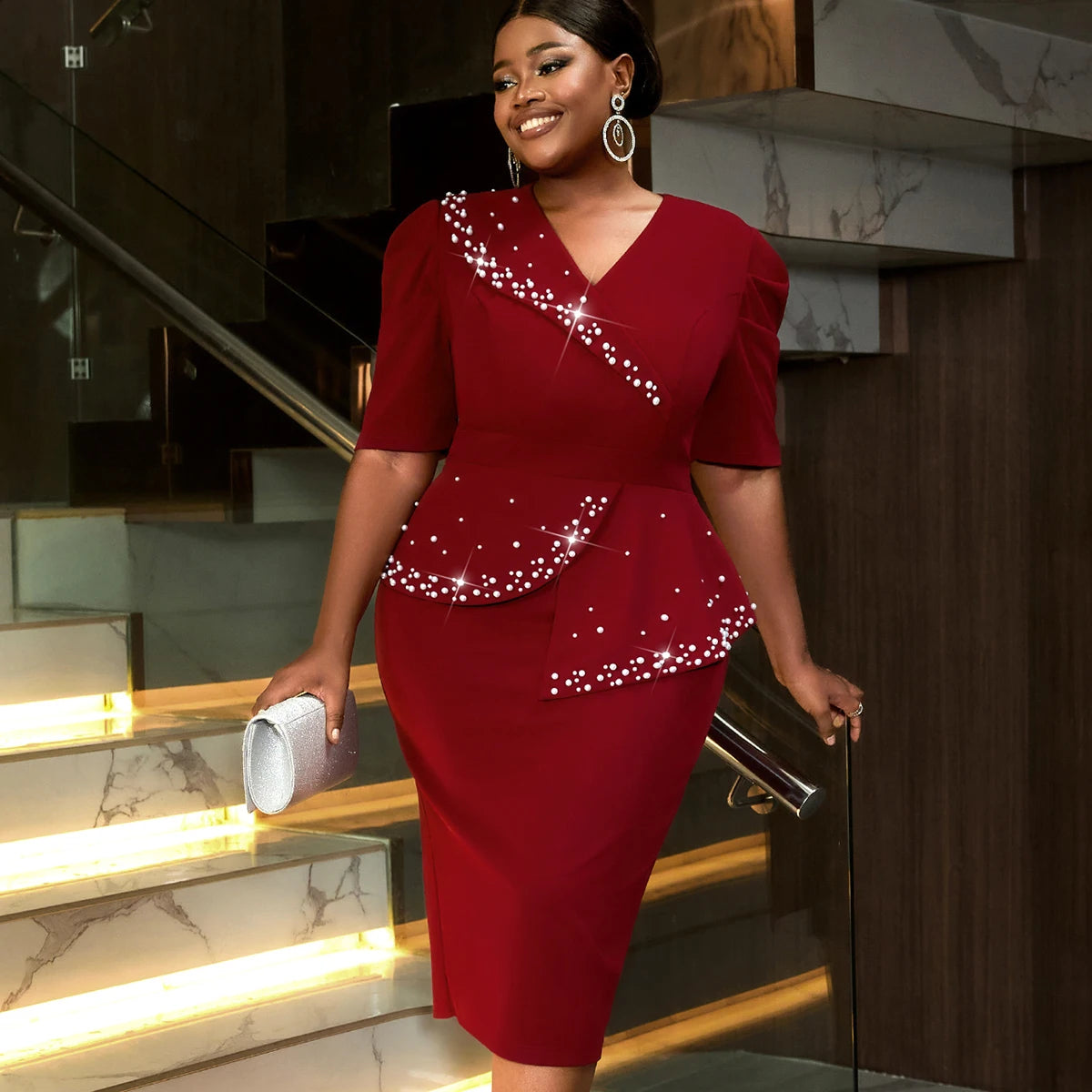 women clothes Half Sleeve V Neck Asymmetric Peplum Beaded Office Lady Career Dresses