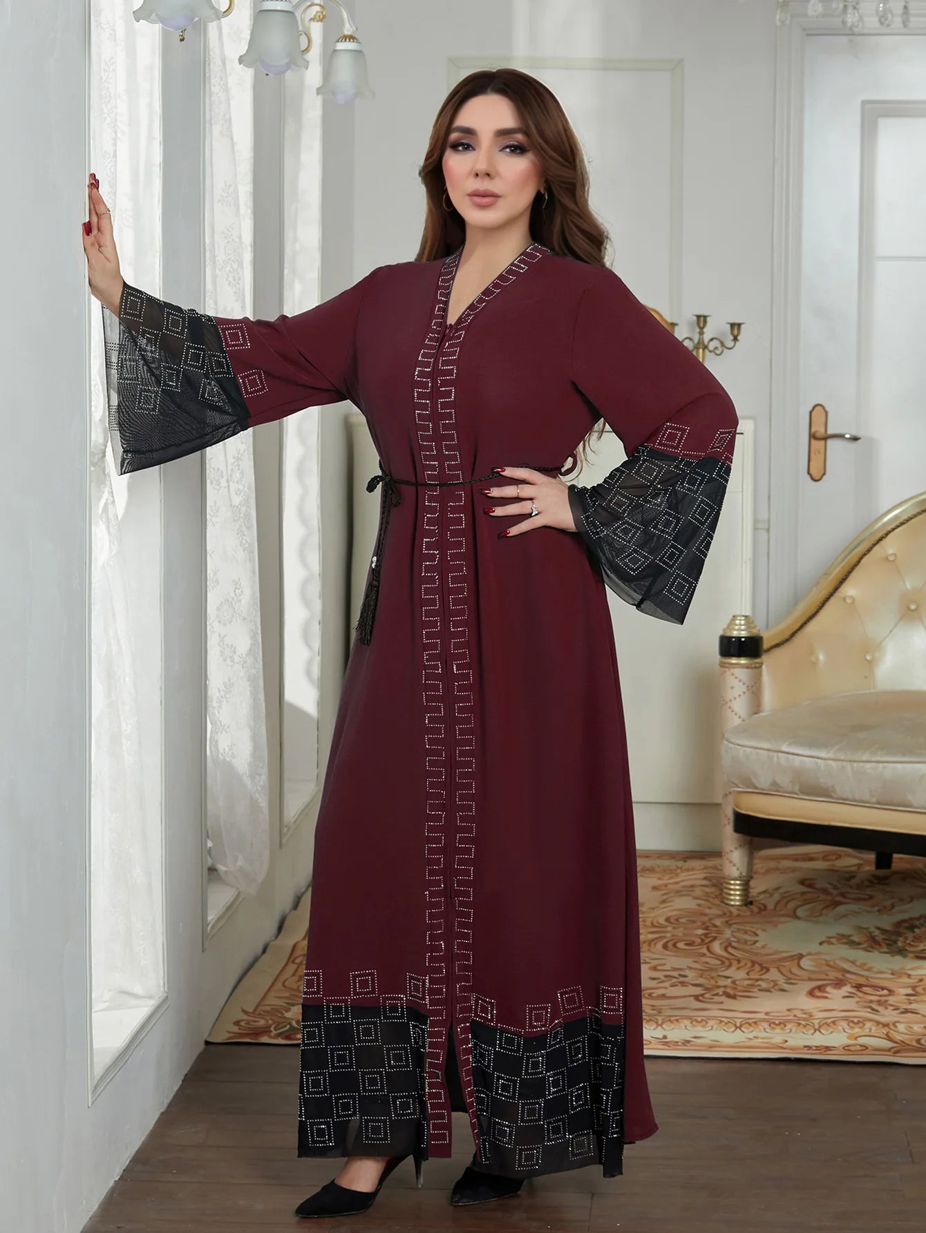 new Wholesale Traditional Muslim Clothing Moroccan Abaya Robe Dress With Rhinestones and Trumpet Sleeves Khimar Abaya