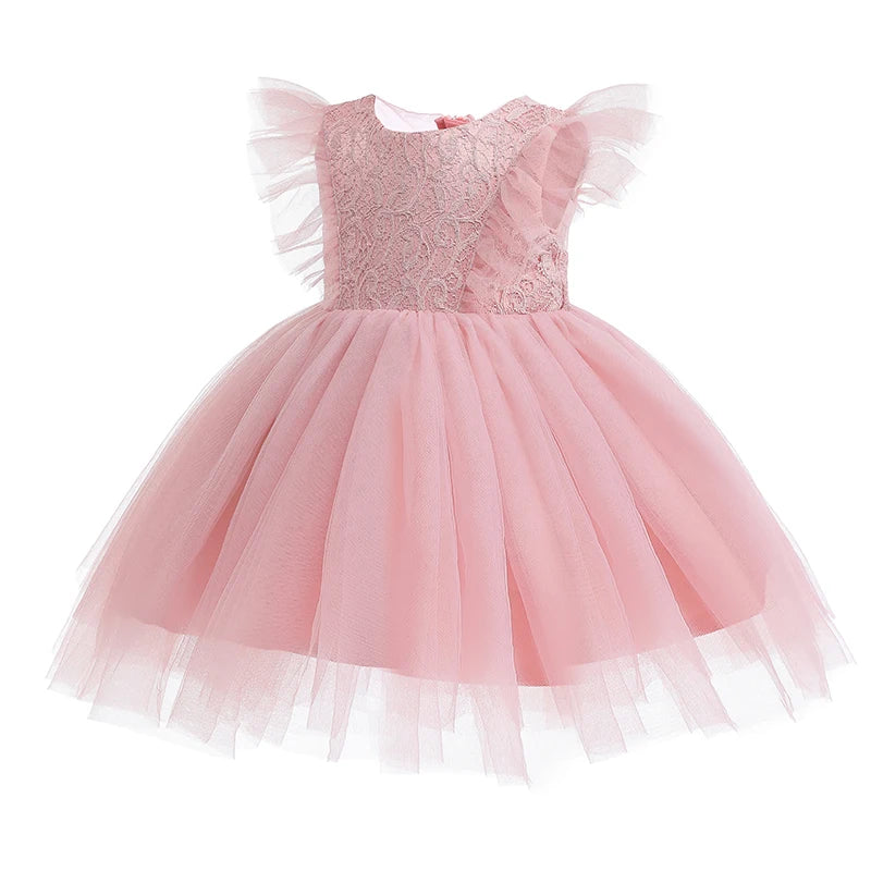 High Quality Ruffle Lace Baby Girls Boo Dress Newborn Photoshoot Red Oldrose Party Wedding Dress for 8 Months Kids in Guangzhou