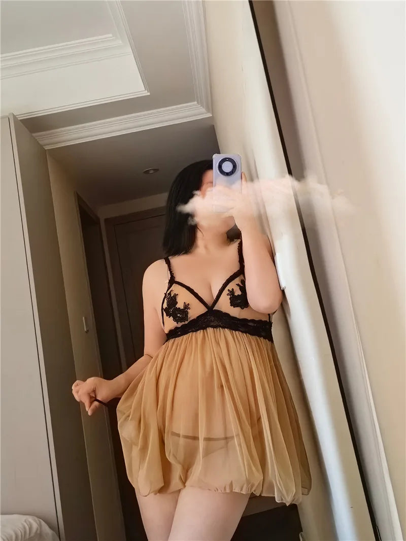 6XLEuropean and American Lingerie Plus Size Pajamas Women's Lace Nightgown Hot Sexy Deep V Transparent Sex Lingerie Night Dress