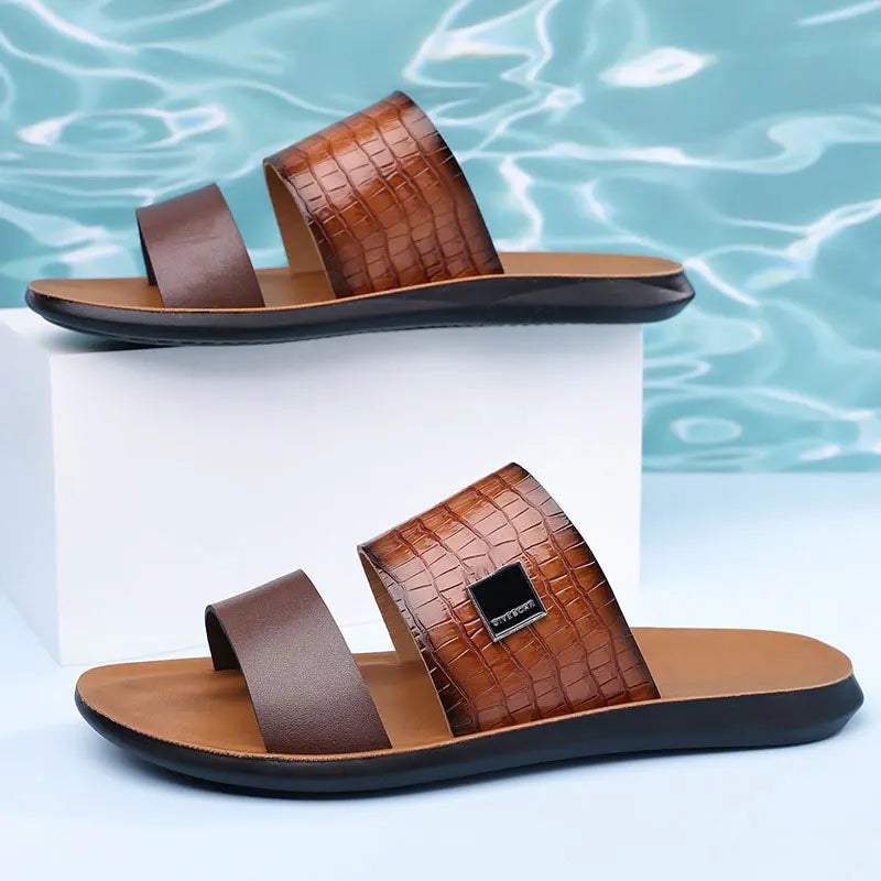 Men's Large Size Casual Summer Sandals Comfortable Open-Toe Outdoor Slippers Embroidery PU Upper Breathable