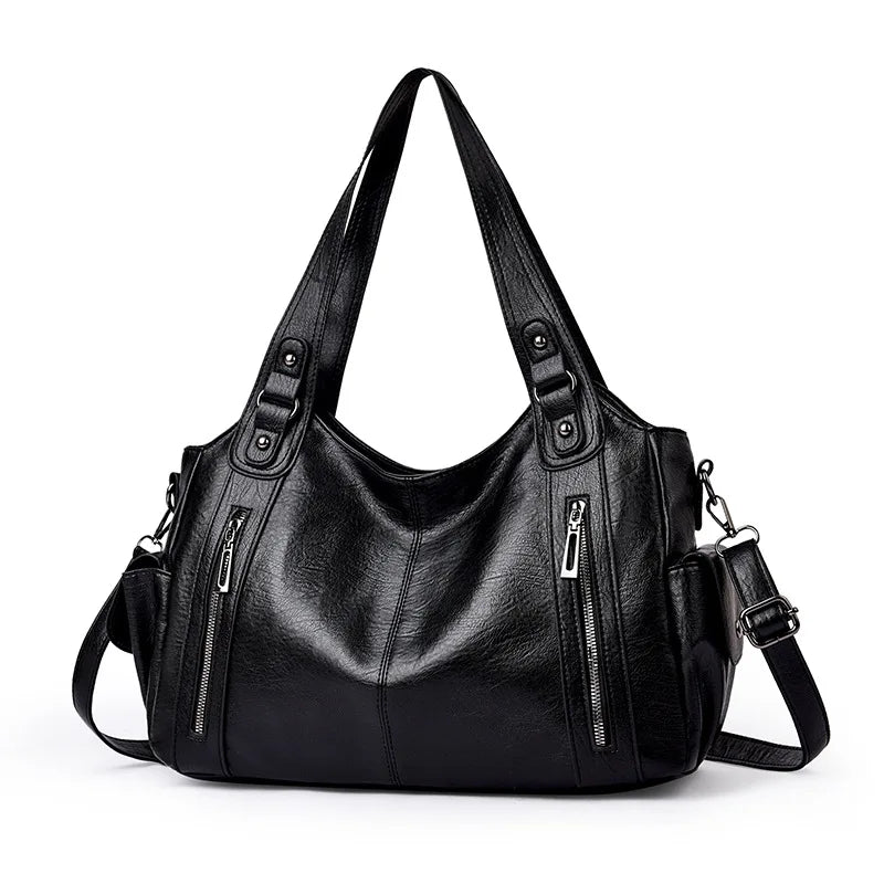 Cowhide Leather Women Crossbody PU Black Shoulder Bag European American Style Fashionable Large Capacity PU Zipper Handle Bags