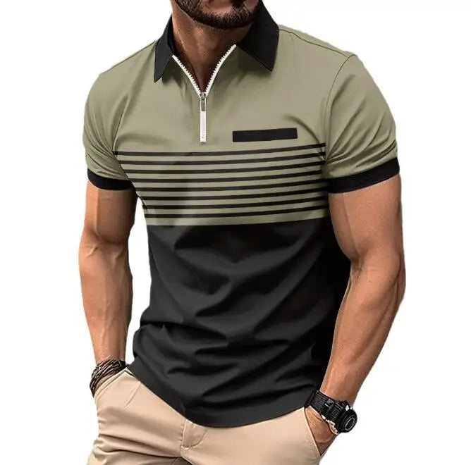 Custom Design Men's Zipper Collar T-shirts Printed Fashion Striped Business Casual Short Sleeve Polo Shirts
