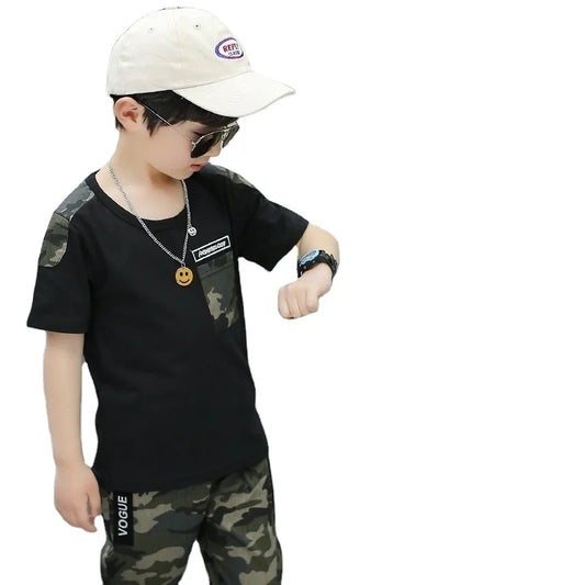 Hot Selling Kid Sets 3 to 12 Years Old Clothing Camouflage Printed Casual Wear School Big Boys Clothes Summer