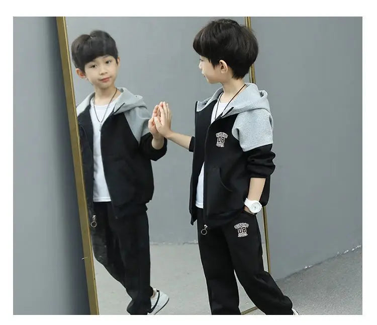Autumn and Spring New Style Boys' Casual Sports Two-Piece Hooded Cardigan Sweatshirt Jacket Set for Kids