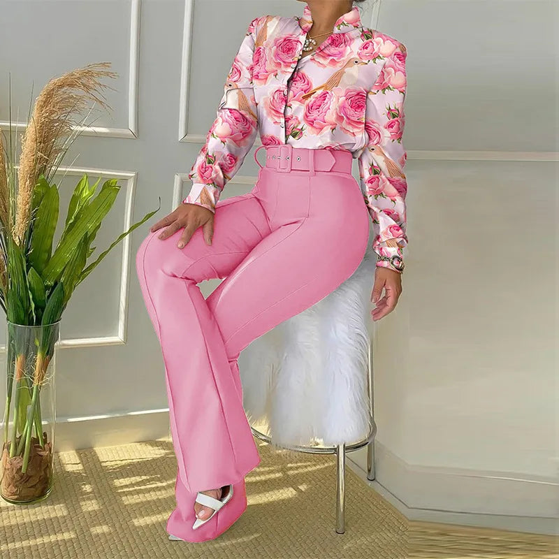 2026 Spring New Sweet Style Women's Stand up Collar Long Sleeve Shirt and Pants Printed Casual Fashion Two Piece Set