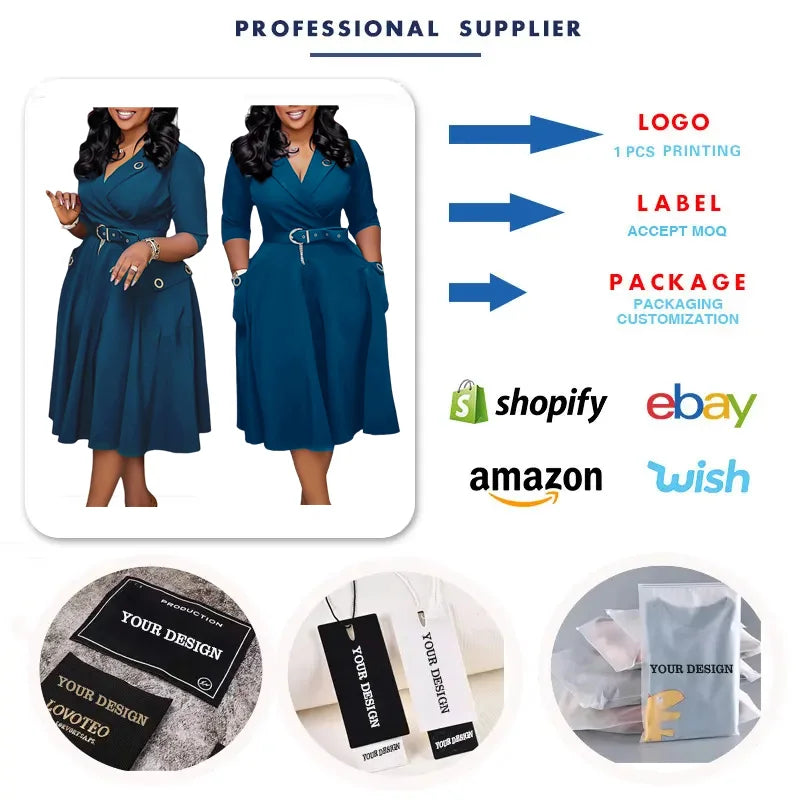 D3341 Trendy Career Dresses Women Casual Elegant Half Sleeve Suit V Collar Office Dresses Women Formal Work African Dresses