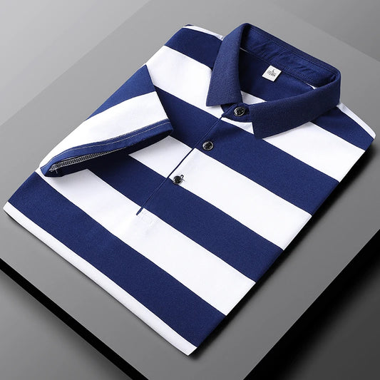 ANSZKTN Summer Men Short Sleeve T-shirt Striped Cotton Business Lapel Polo T Shirts Jersey Polo Shirt for Mens