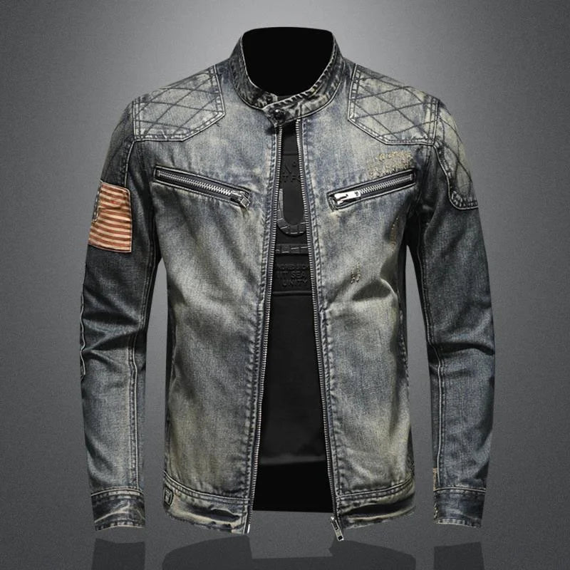 Vintage Denim Jacket With Zip Stand up Cotton Slim Fit Denim Coat Jeans Long Sleeve Loose Pocket Zipper Top Jacket Men