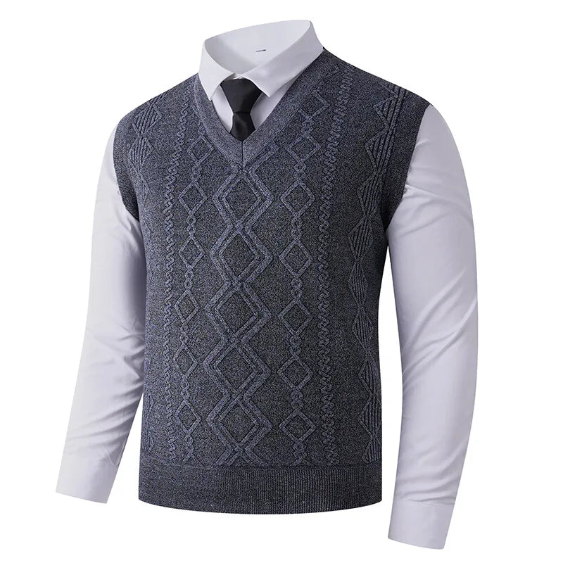 V-Neck Knit Vest Men Gentleman Layering Autumn Winter Waistcoat Solid Color Sweater Yarn Sleeveless Casual