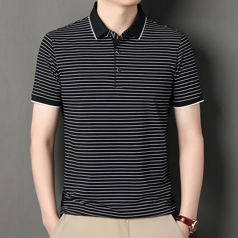 High-end Fashion Casual Business Seamless Striped Summer Cool Lapel Short Sleeve Men's T-shirt