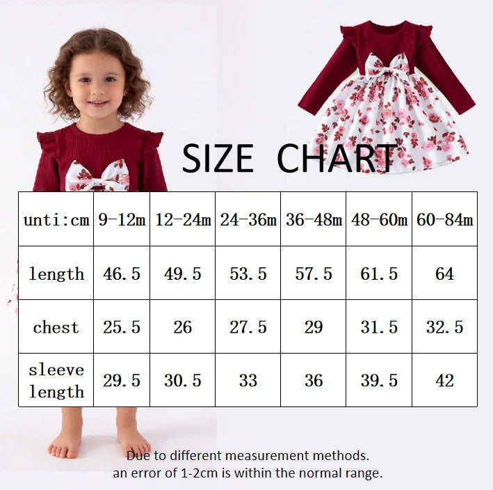 Toddler Girls Knee-Length Long Sleeve Floral Print Dress with Bow Ruffle Casual Soft Stretchy ODM Kids Clothes
