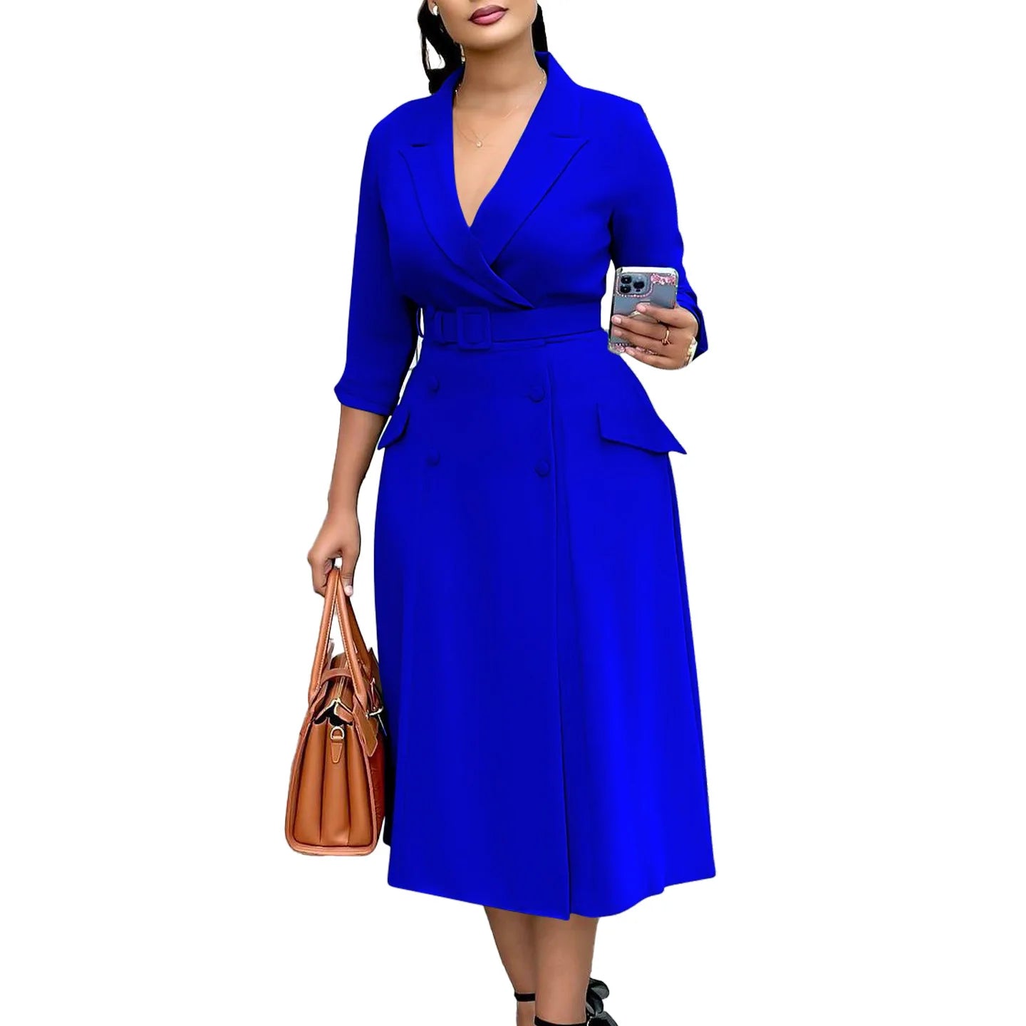 D3294 Trendy Autumn Dresses Women Casual Elegant Double Breasted Three Quarter Suit Collar Office Lady Formal Dress for Women