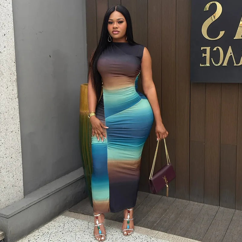 Trending Products 2026 Sexy Slim Fit Gradient Color High Neck Sleeveless Long Dress Women's Clothing Elegant Casual Maxi Dress