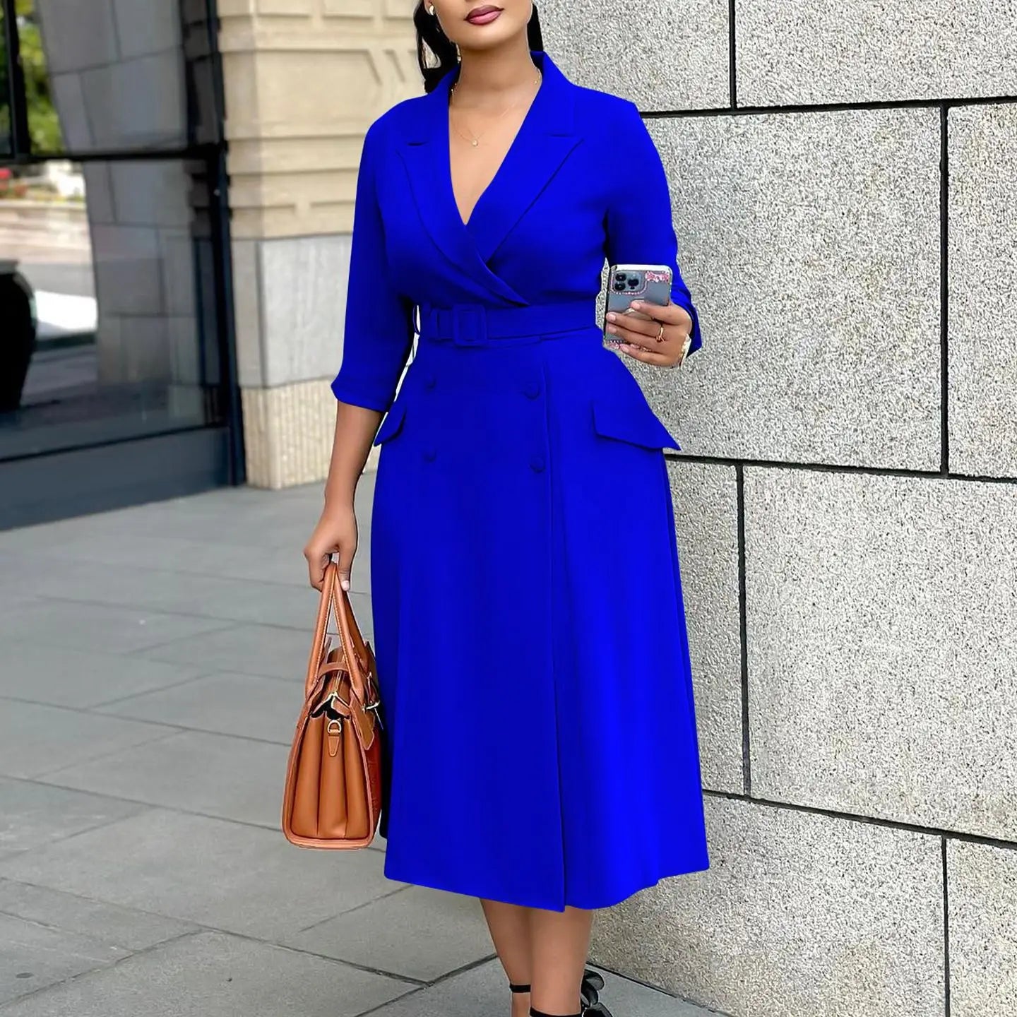A0065 Fashion Women V-neck Solid Color Spandex Chiffon Bodycon Formal Shirt Dress Half Sleeve Office Africa Dress