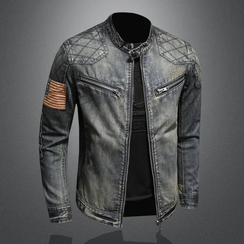Vintage Denim Jacket With Zip Stand up Cotton Slim Fit Denim Coat Jeans Long Sleeve Loose Pocket Zipper Top Jacket Men