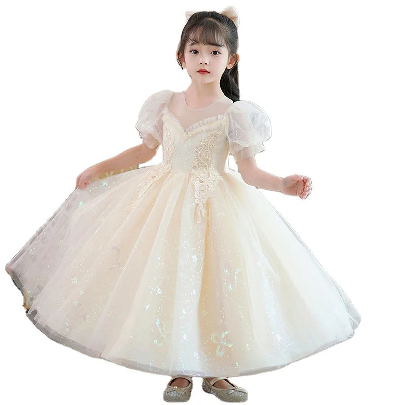 Elegant Princess Lace Dress Kids Flower Embroidery Dresses for Girls Vintage Children Dresses for Christmas Party Red Ball Gown