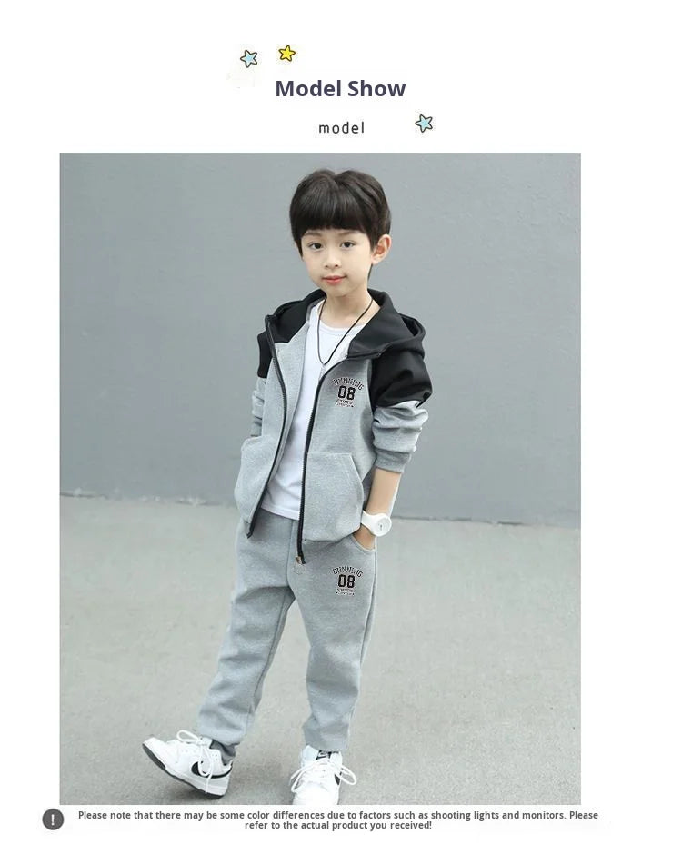 Autumn and Spring New Style Boys' Casual Sports Two-Piece Hooded Cardigan Sweatshirt Jacket Set for Kids