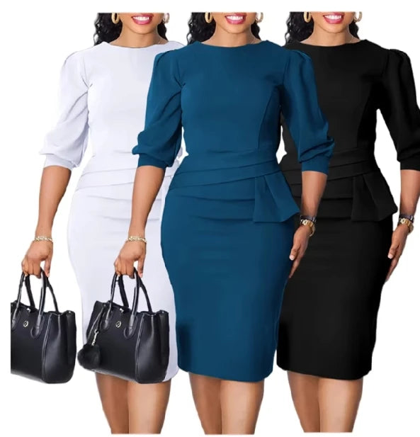 C8612# Women Midi Pencil Dress Fashion Work Dress Elegant Church Dress Round Neck High Waist Solid Color Pleated Outfits