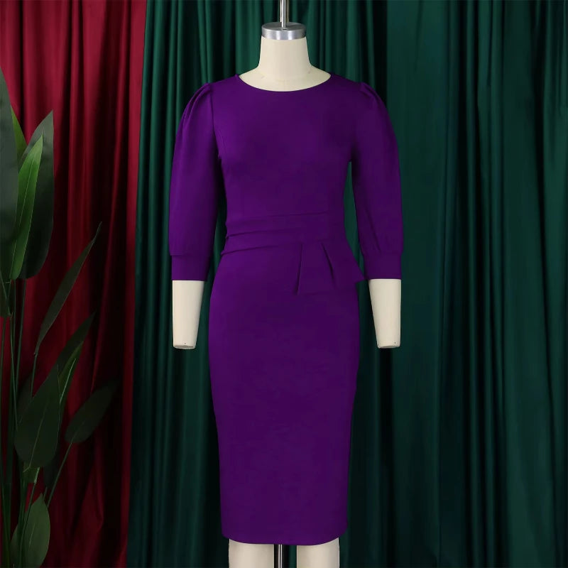 C8612# Women Midi Pencil Dress Fashion Work Dress Elegant Church Dress Round Neck High Waist Solid Color Pleated Outfits