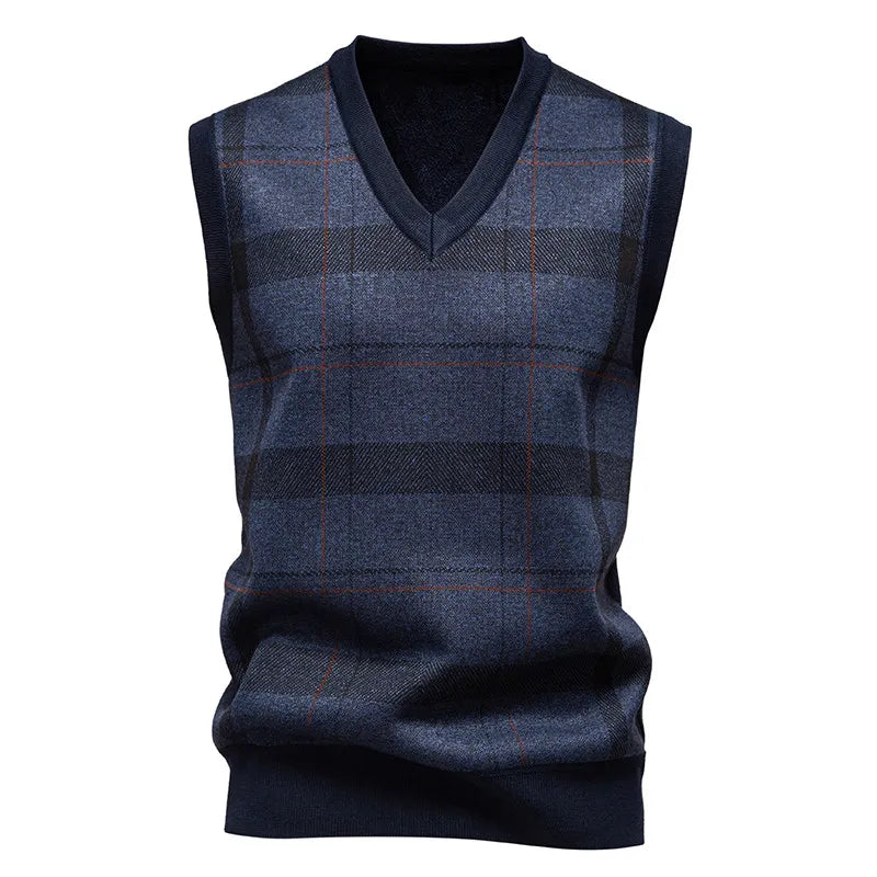 Autumn Winter Dad Style Checkered Cardigan Sweater Vest for Men Fleece-Lined Casual Pullover Loose Fit for Middle-Aged Elderly